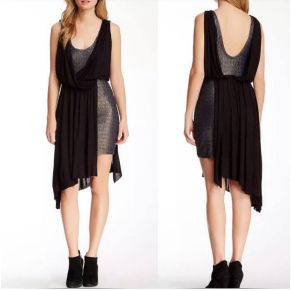 Free People Metallic Grecian Dark Blue Asymmetrical Dress Sz XS